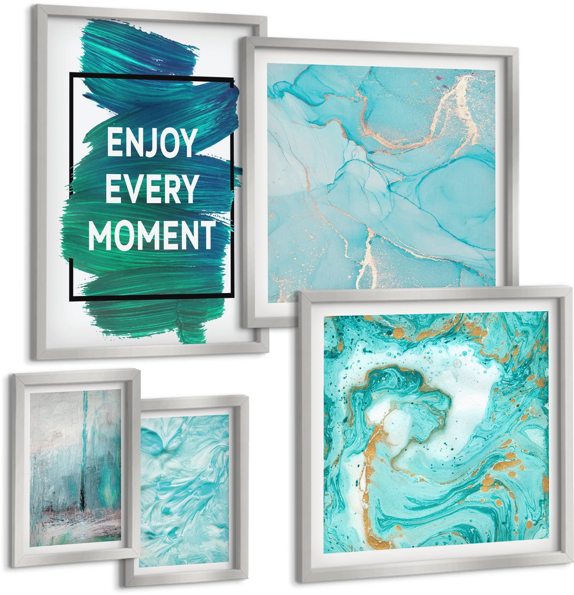 TULUP 4-Delige Schilderij Set - Abstracte composities met inspirerende letters en patronen - 50 x 50 cm, 20 x 30 cm en 40 x 60 cm - Stijlvolle Muurdecoratie - Kantoor - Woonkamer Decoratie Zilveren lijst