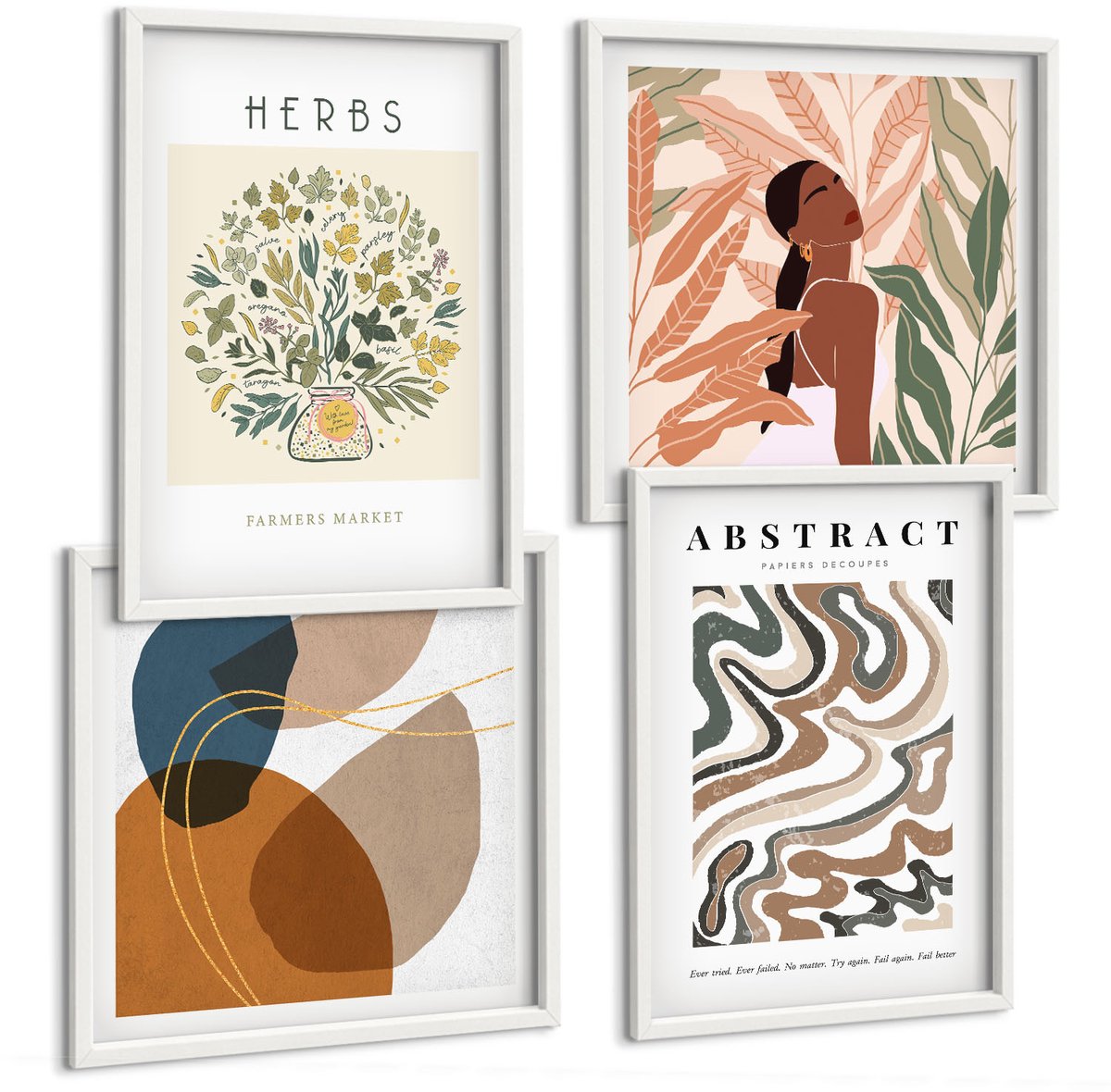 Tulup 4-Delige Schilderij Set - Boho-esthetiek, pastelkleurige minimalistische posters - 40x40 en 40x60 - Wanddecoratie - Schilderijen Set - Kantoor - Woonkamer Decoratie
