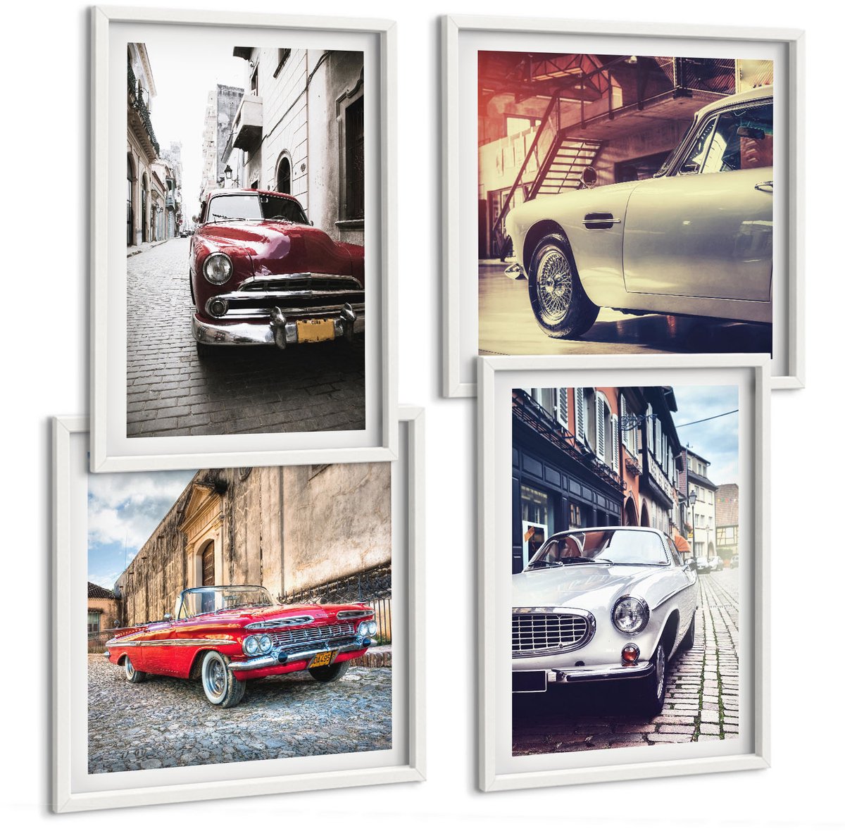 Tulup 4-Delige Schilderij Set - Klassieke auto's in verschillende kleuren op de straten van de stad. - 40x40 en 40x60 - Muurdecoratie - Schilderijen Set - Woonkamer - Moderne Wanddecoratie