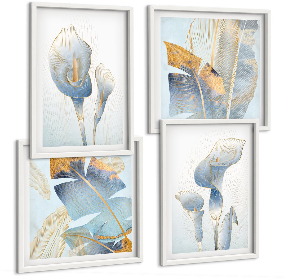 Tulup 4-Delige Schilderij Set - Fijne blauwe bloemen en bladeren op een lichte achtergrond. - 40x40 en 40x60 - Stijlvolle Muurdecoratie - Slaapkamer - Wanddecoratie