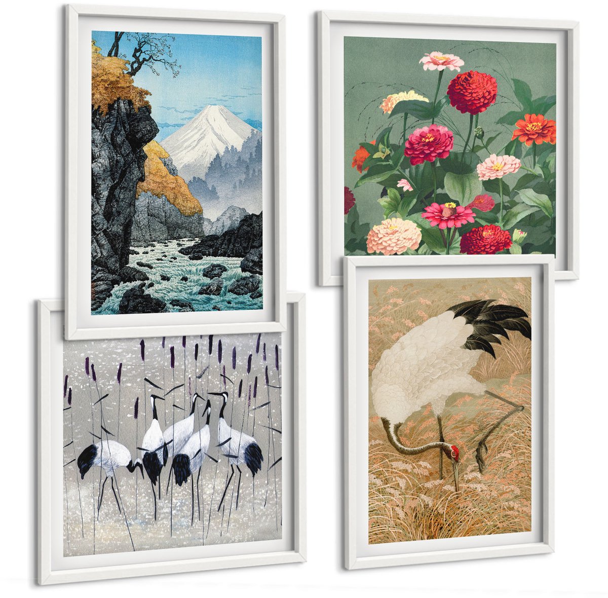 Tulup 4-Delige Schilderij Set - Bergen in het landschap, een rivier, bloemen en kraanvogels in het gras. - 40x40 en 40x60 - Wanddecoratie - Muurdecoratie - Woonkamer - Interieur Decoratie