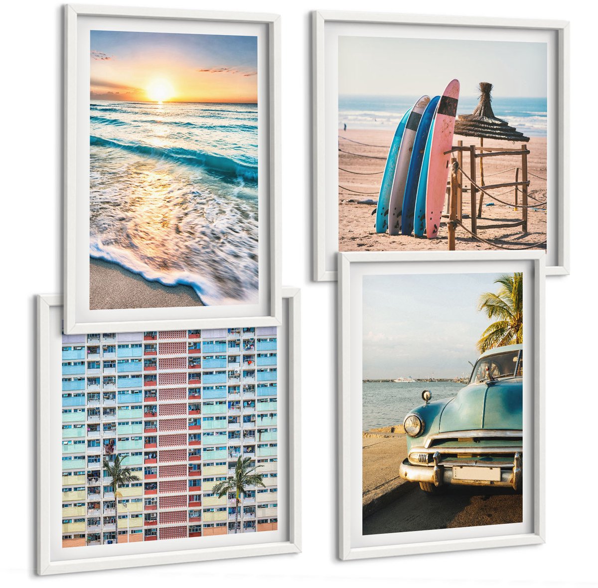Tulup 4-Delige Schilderij Set - Vakantie in Miami met uitzicht op de zonsondergang en zee - 40x40 en 40x60 - Wanddecoratie - Schilderijen Set - Kantoor - Muurdecoratie