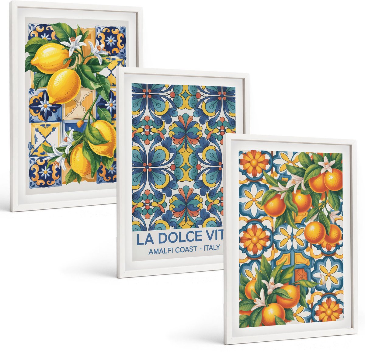Tulup 3-Delige Schilderij Set - Citroen- en sinaasappelbloemen in kleurrijke patronen - 40x60 - Stijlvolle Muurdecoratie - Slaapkamer - Moderne Wanddecoratie
