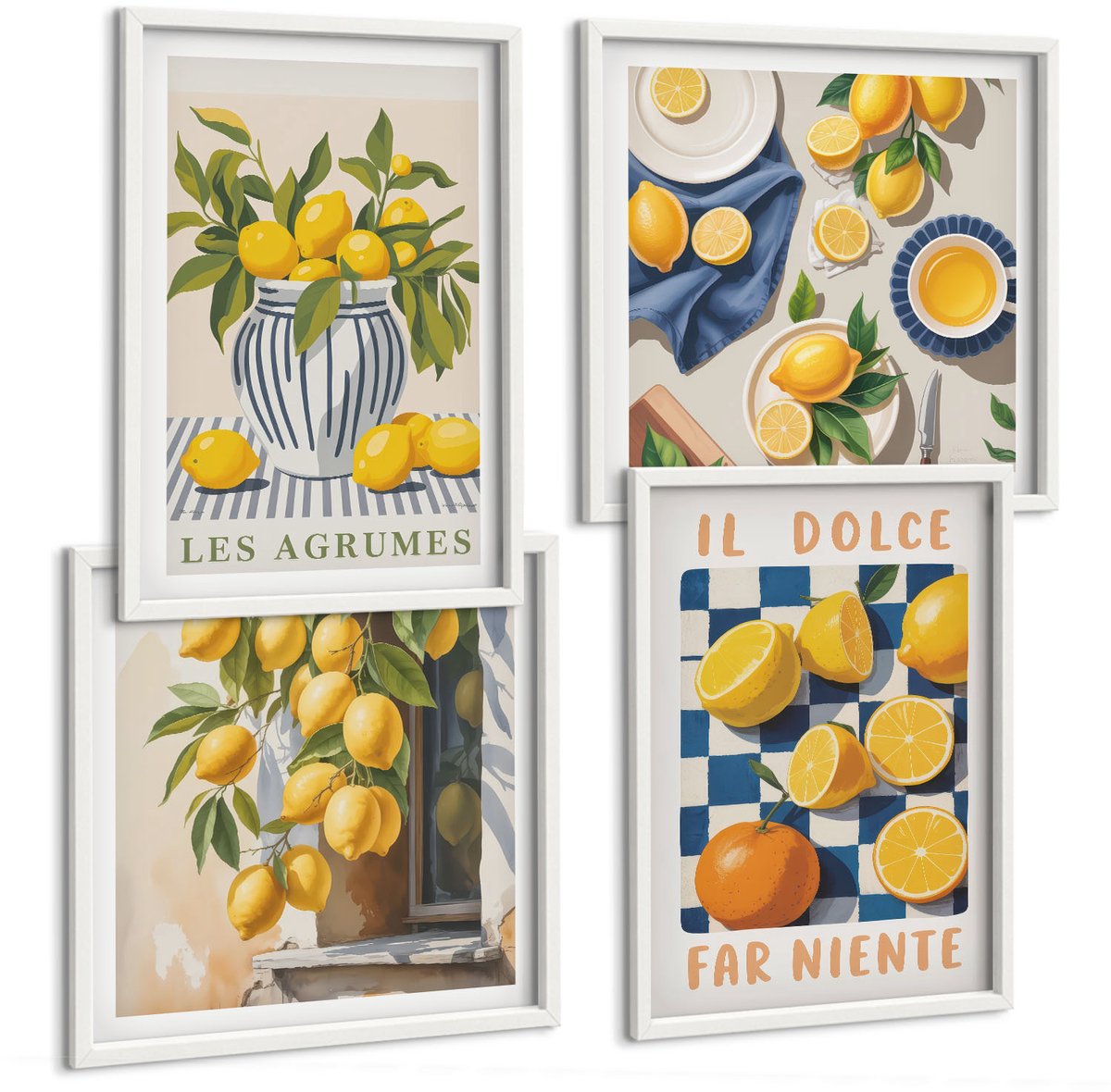 Tulup 4-Delige Schilderij Set - Retro citrusvruchten met gele accenten - 40x40 en 40x60 - Stijlvolle Muurdecoratie - Slaapkamer