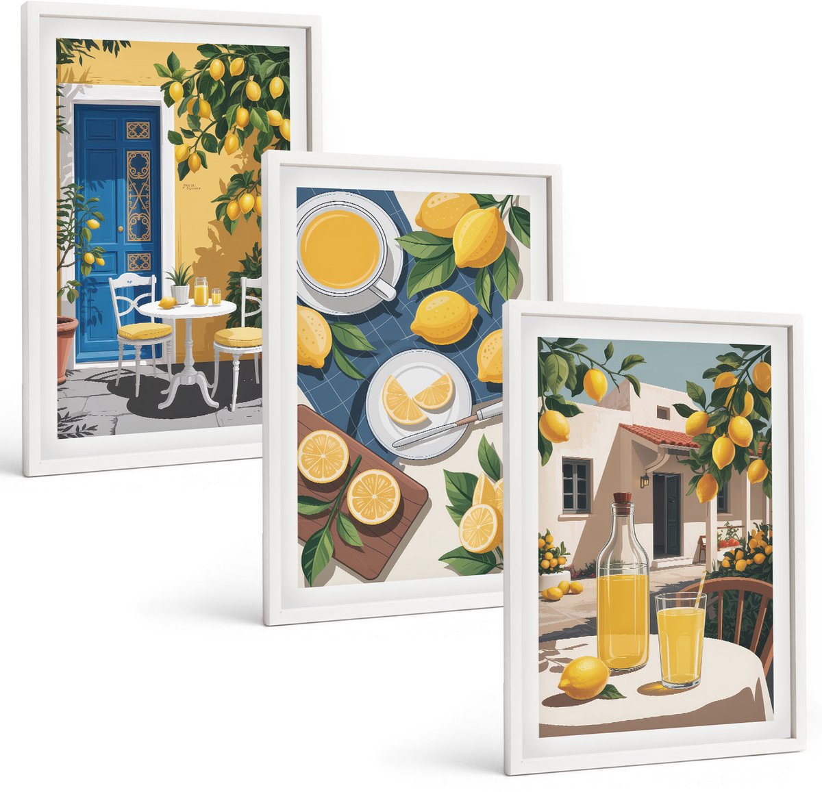 Tulup 3-Delige Schilderij Set - Lemonade, Italiaans uitzicht en een zonnig terras - 40x60 - Muurdecoratie - Wanddecoratie - Slaapkamer