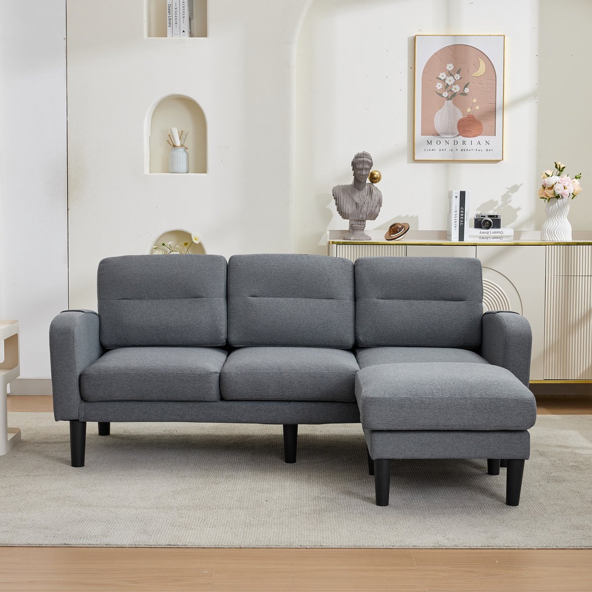 MODENUIT Hoekbank 204 x 136 x 80 cm - L-vorm Met Chaiselongue En Opbergtassen - Voor Woonkamer - Stof - Grijs