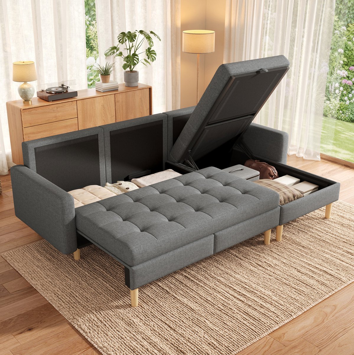 MODENUIT Hoekbank 212 x 130 x 86 cm - Omkeerbare Chaise Longue Met Opbergruimte - 3-Zits - Stof - Grijs