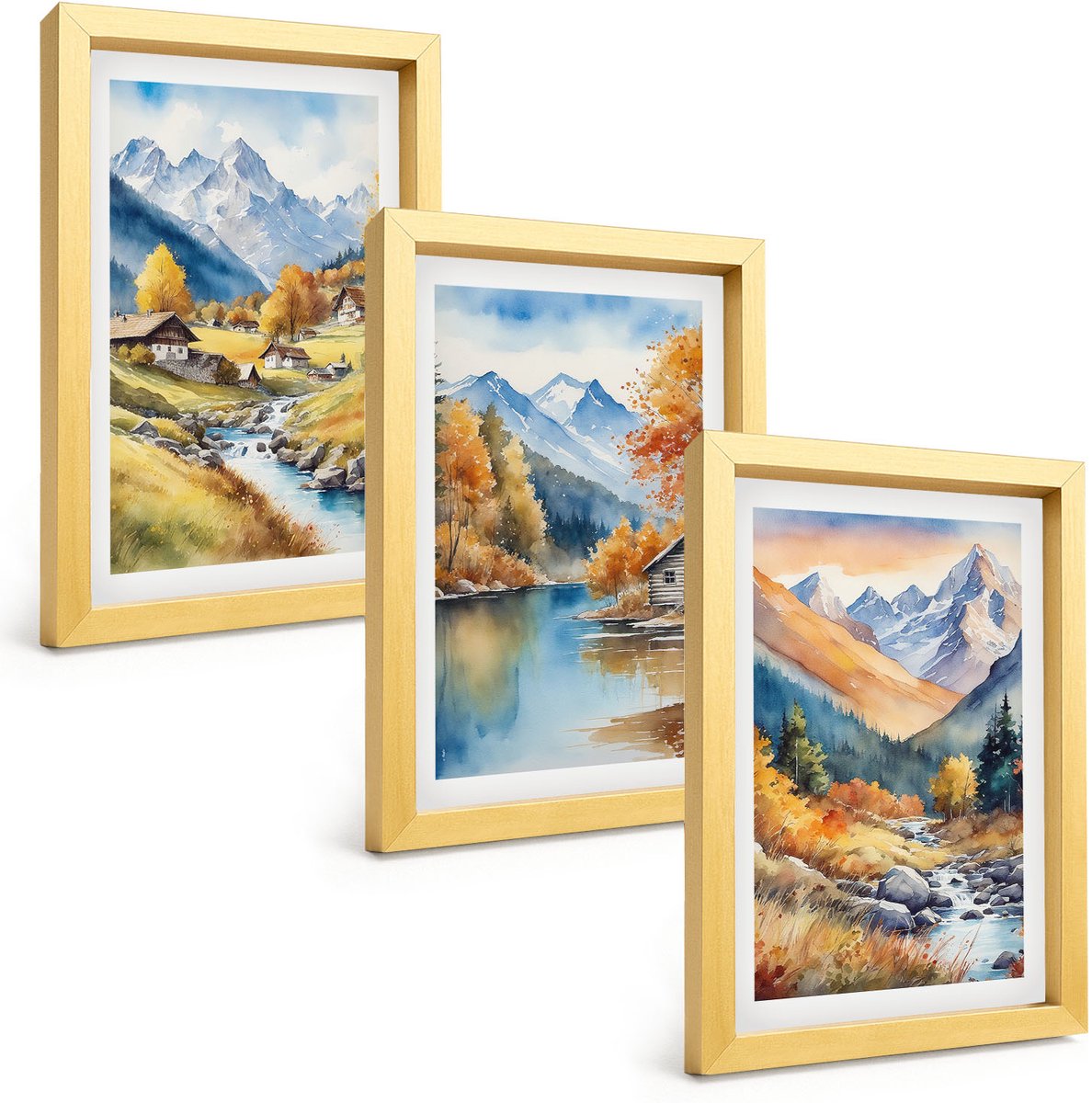 TULUP 4-Delige Schilderij Set - Geschilderde herfstbergen met een rivier en huisjes - 20 x 30 cm - Decoratieve Schilderijen - Woonkamer - Interieur - Interieur Decoratie Gouden lijst