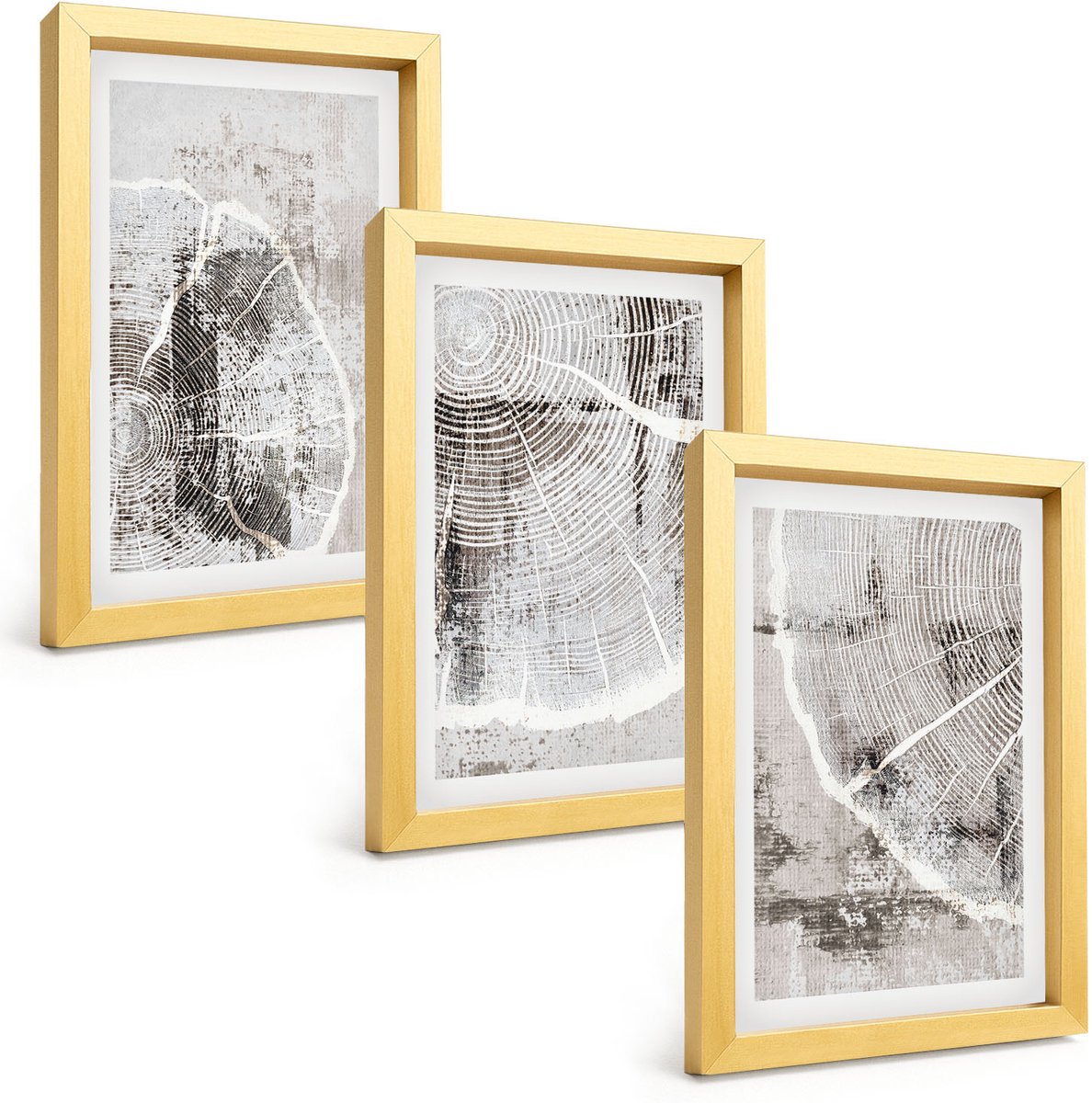 TULUP 4-Delige Schilderij Set - Houtnerfpatronen in grijstinten en wit - 20 x 30 cm - Stijlvolle Muurdecoratie - Kantoor - Moderne Wanddecoratie Gouden lijst