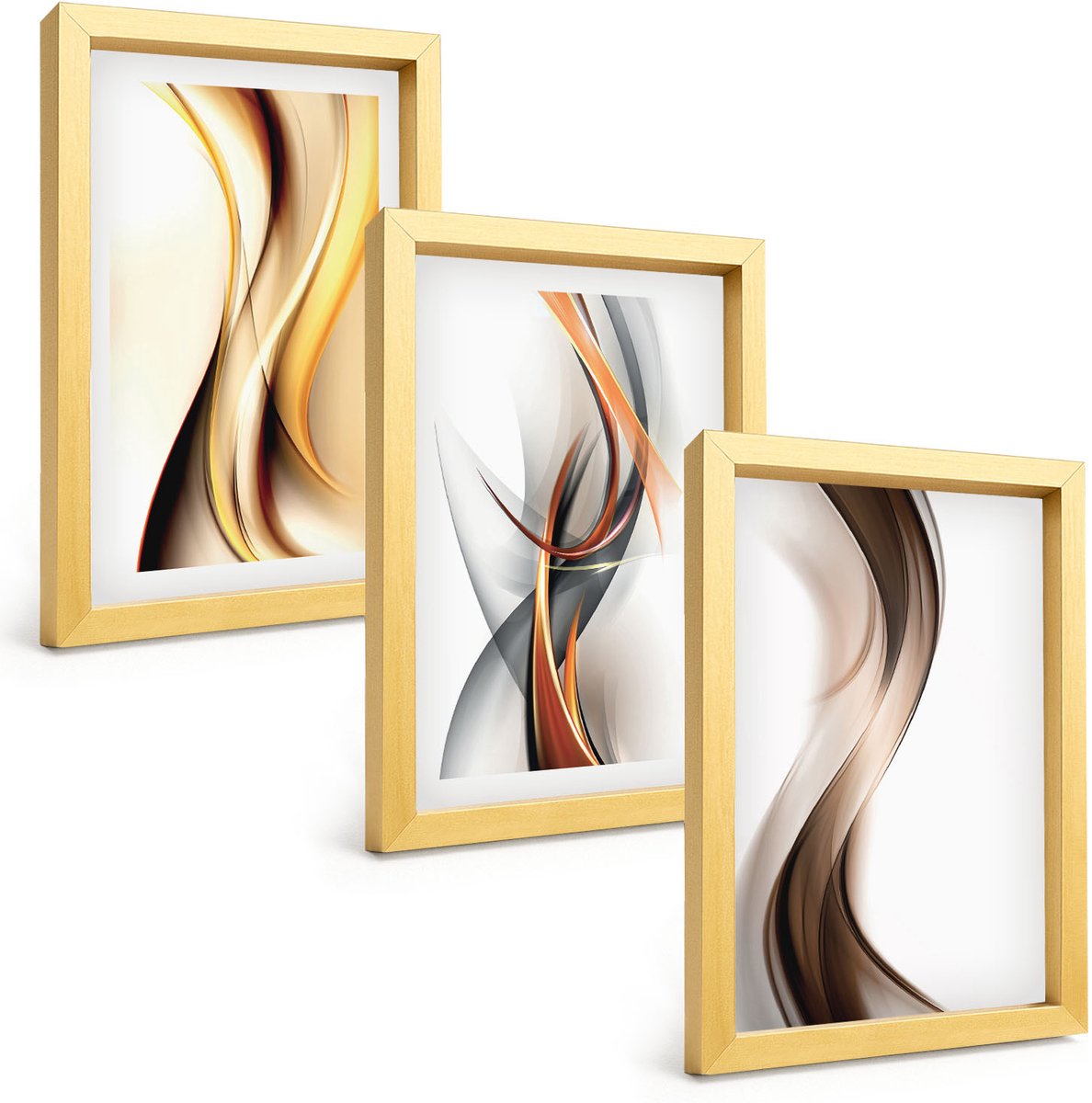 TULUP 4-Delige Schilderij Set - Golven in tinten geel, grijs en bruin. - 20 x 30 cm - Decoratieve Muurdecoratie - Slaapkamer - Woonkamer Decoratie Gouden lijst