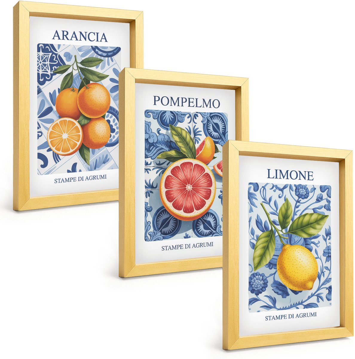TULUP 4-Delige Schilderij Set - Vintage illustraties van citrusvruchten - 20 x 30 cm - Stijlvolle Muurdecoratie - Kantoor - Woonkamer Decoratie Gouden lijst