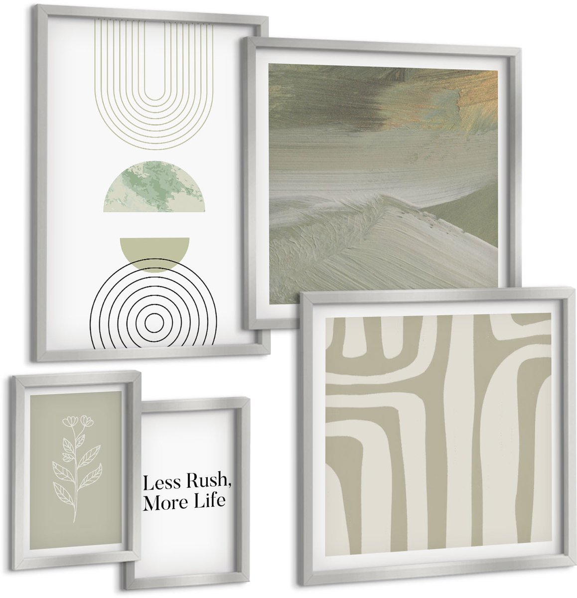 TULUP 4-Delige Schilderij Set - Stijlvolle graphics in pastelkleuren en geïnspireerd op de natuur. - 50 x 50 cm, 20 x 30 cm en 40 x 60 cm - Decoratieve Schilderijen - Woonkamer - Interieur Zilveren lijst