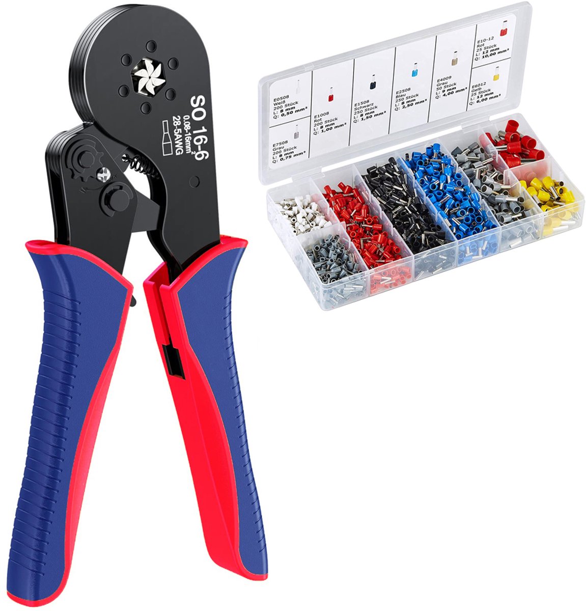 Krimptangset - Inclusief zeskantige krimptang en 1200 draadeindhulzen - Klembereik 0,08 – 16,00 mm² - AWG 28-5