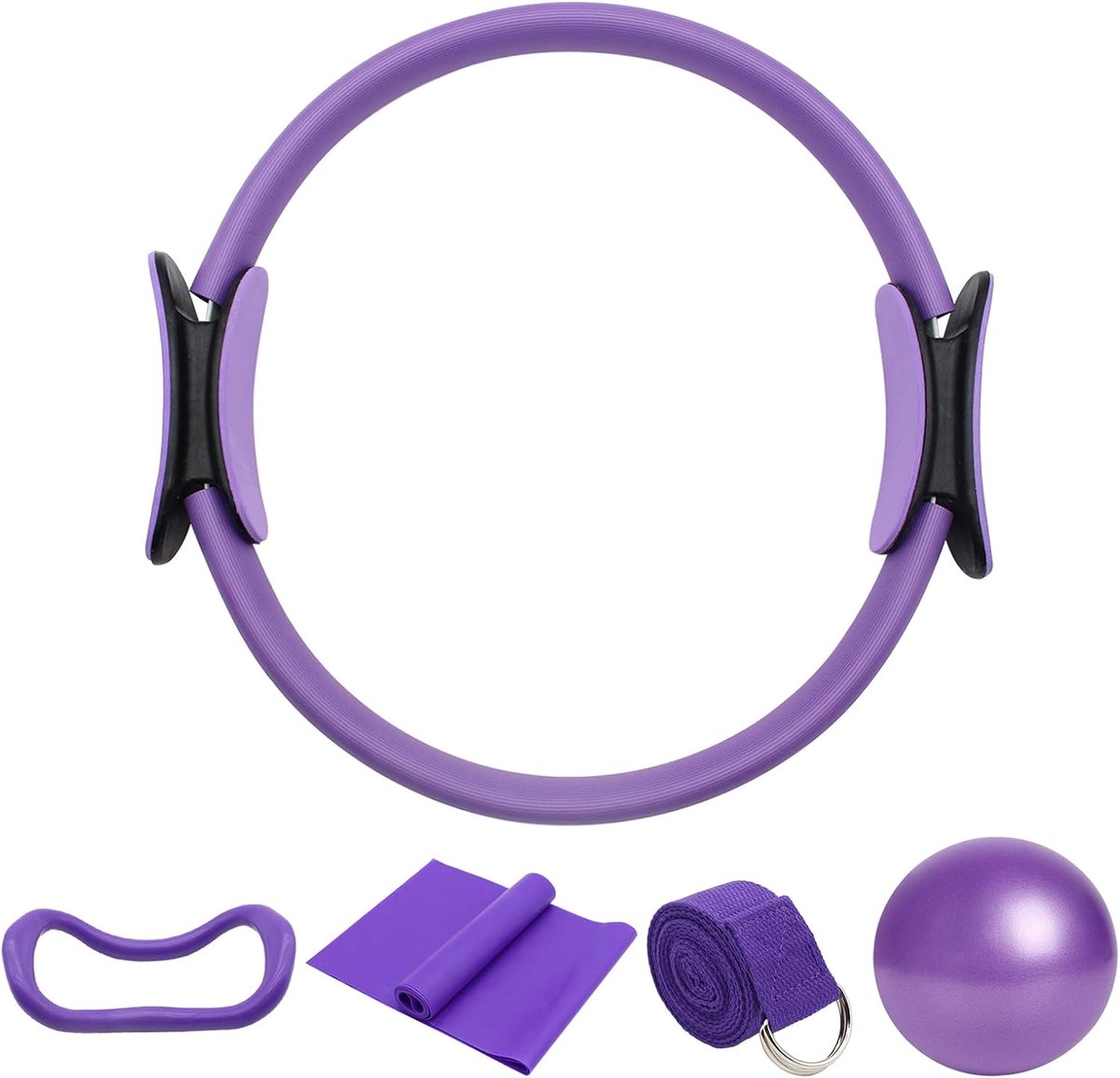 Pilates Set met Yogabal en Fitnessbanden - Complete Trainingsset voor Thuisgebruik - Inclusief Yogariem en Pilates Ring - Fitnessapparatuur voor Vrouwen en Studio Workouts - Paars