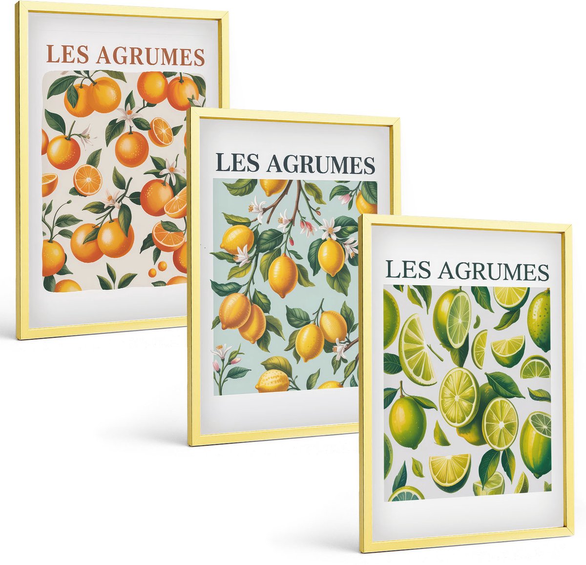 TULUP 4-Delige Schilderij Set - Fruitige citruspatronen in pastelkleuren - 40 x 60 cm - Muurdecoratie - Wanddecoratie - Slaapkamer Gouden lijst