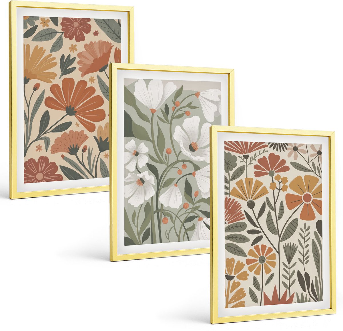 TULUP 4-Delige Schilderij Set - Bloemenpatronen in oranje en groene tinten. - 40 x 60 cm - Stijlvolle Muurdecoratie - Kantoor - Moderne Wanddecoratie Gouden lijst