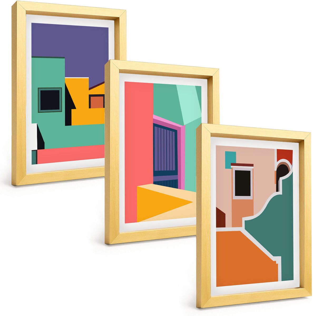 TULUP 4-Delige Schilderij Set - Kleurrijke stadsgezichten in een moderne stijl. - 20 x 30 cm - Decoratieve Muurdecoratie - Slaapkamer - Interieur Decoratie Gouden lijst