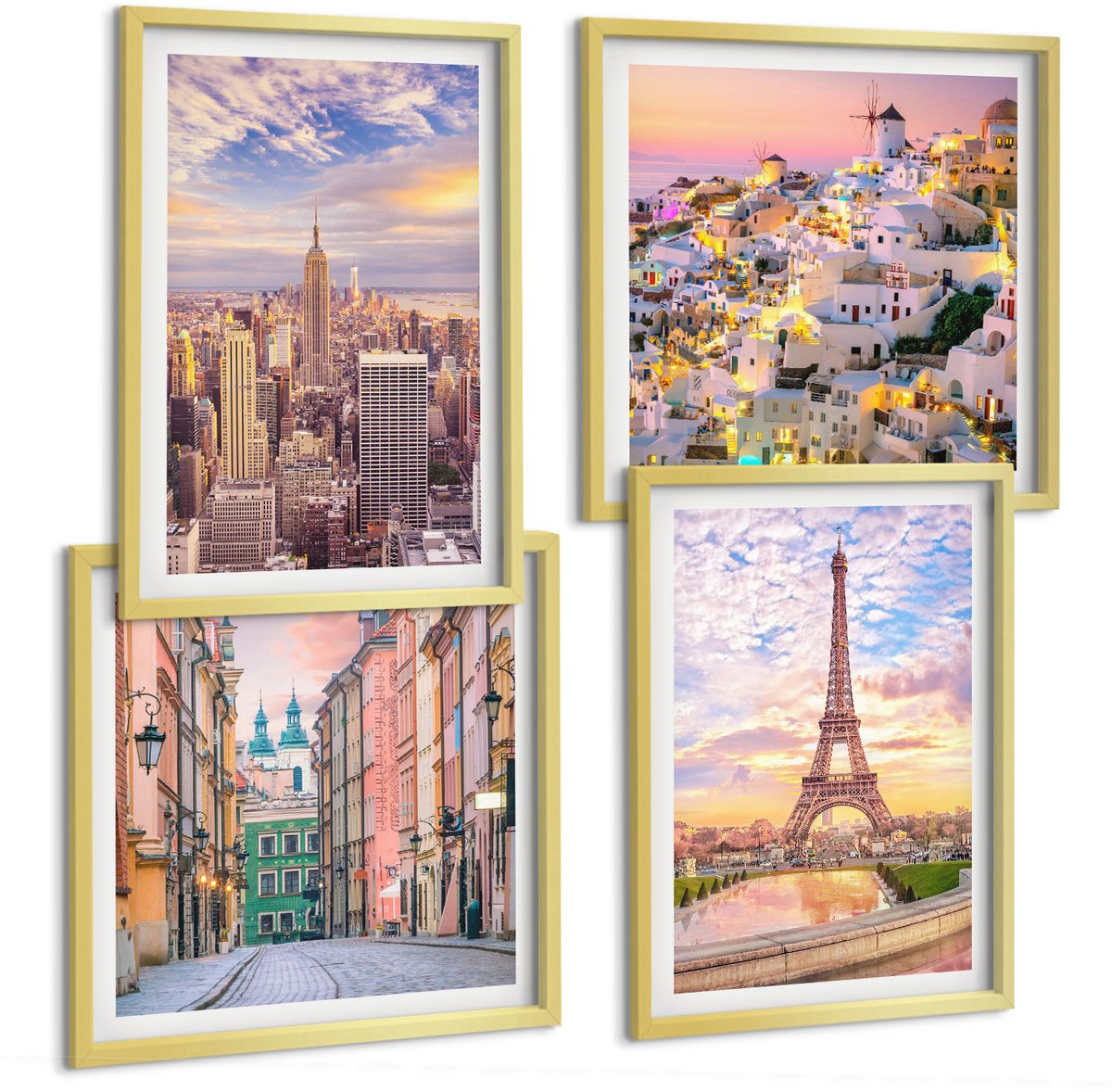 TULUP 4-Delige Schilderij Set - New York Parijs Oia Warschau Zonsondergang - 40 x 40 cm en 40 x 60 cm - Decoratieve Muurdecoratie - Slaapkamer - Woonkamer Decoratie Gouden lijst
