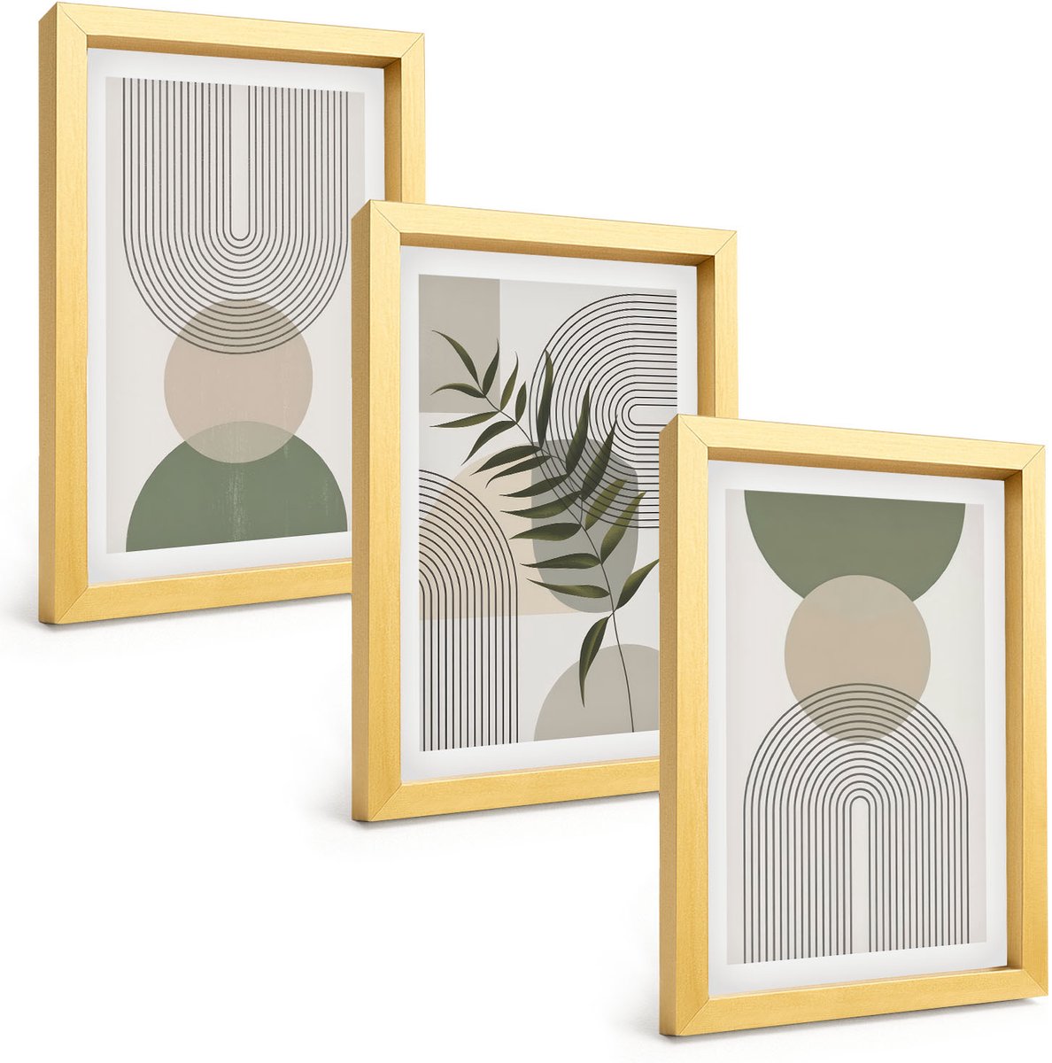 TULUP 4-Delige Schilderij Set - Abstracte vormen in tinten groen en beige - 20 x 30 cm - Wanddecoratie - Woonkamer Decoratie - Interieur Decoratie Gouden lijst