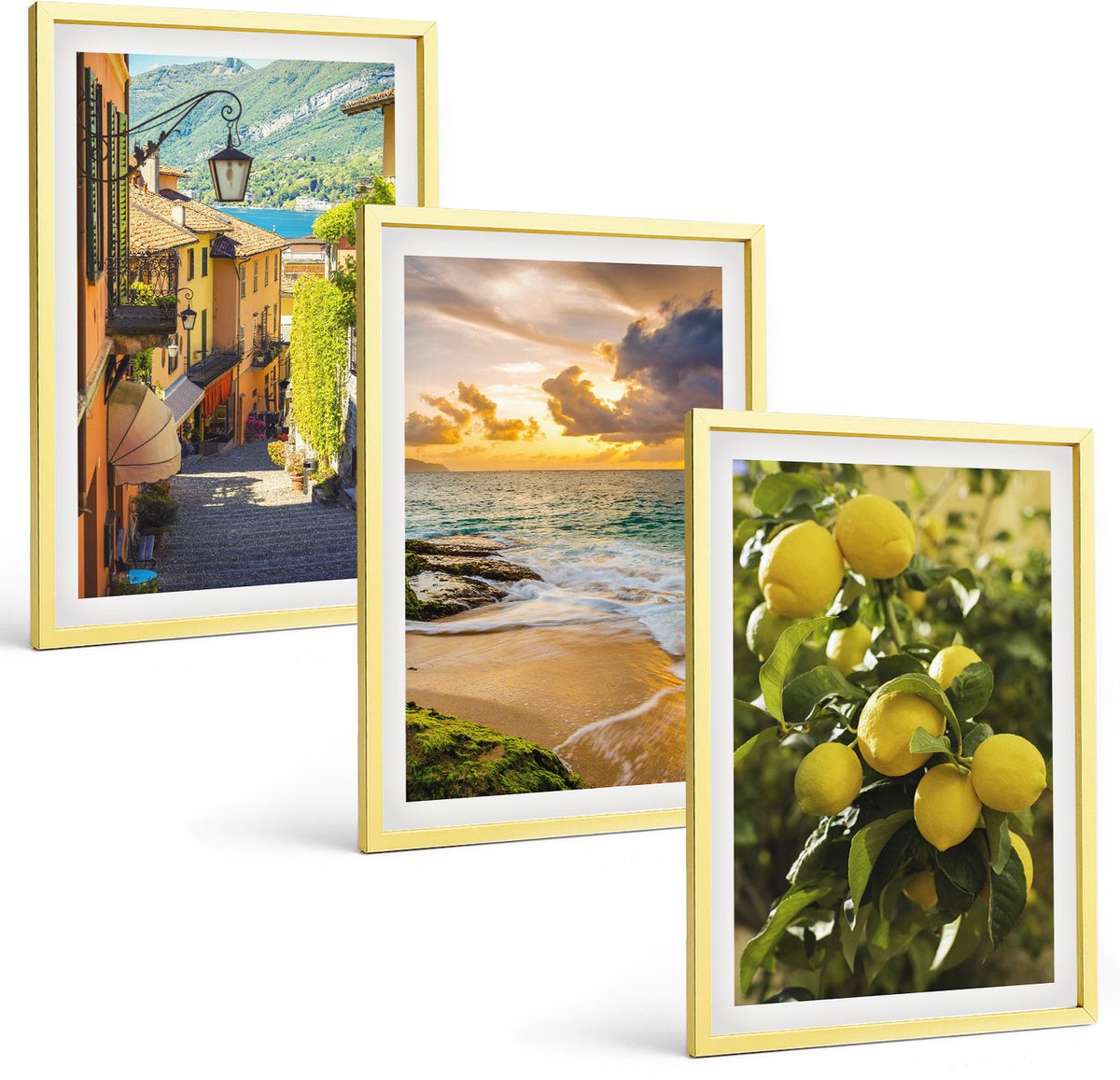 TULUP 4-Delige Schilderij Set - Schilderachtige straatjes, zee, strand en citrusbomen. - 40 x 60 cm - Wanddecoratie - Schilderijen Set - Interieur - Stijlvolle Muurdecoratie Gouden lijst