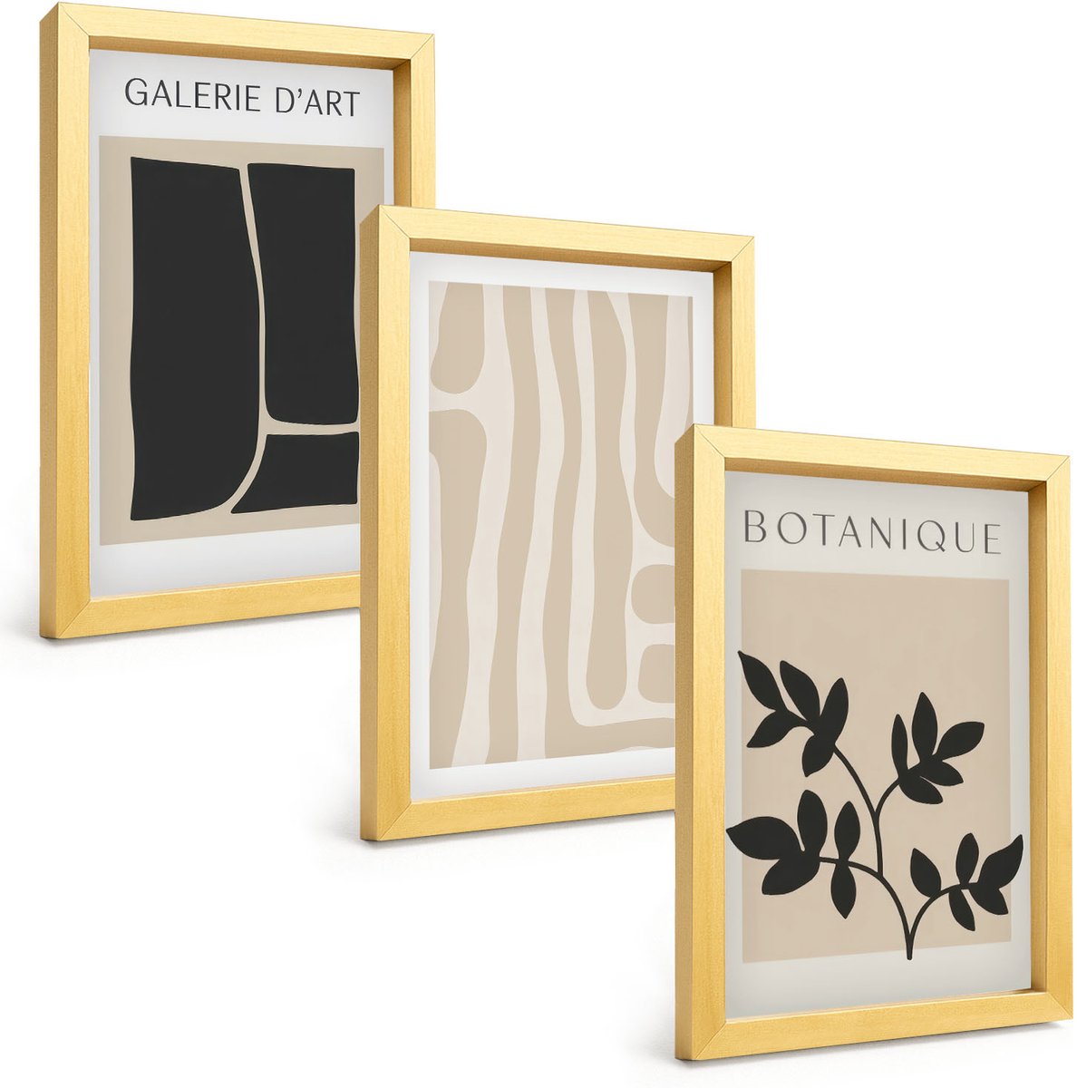 TULUP 4-Delige Schilderij Set - Abstracte vormen en plantmotieven in neutrale tinten. - 20 x 30 cm - Muurdecoratie - Wanddecoratie - Hal - Interieur Decoratie Gouden lijst