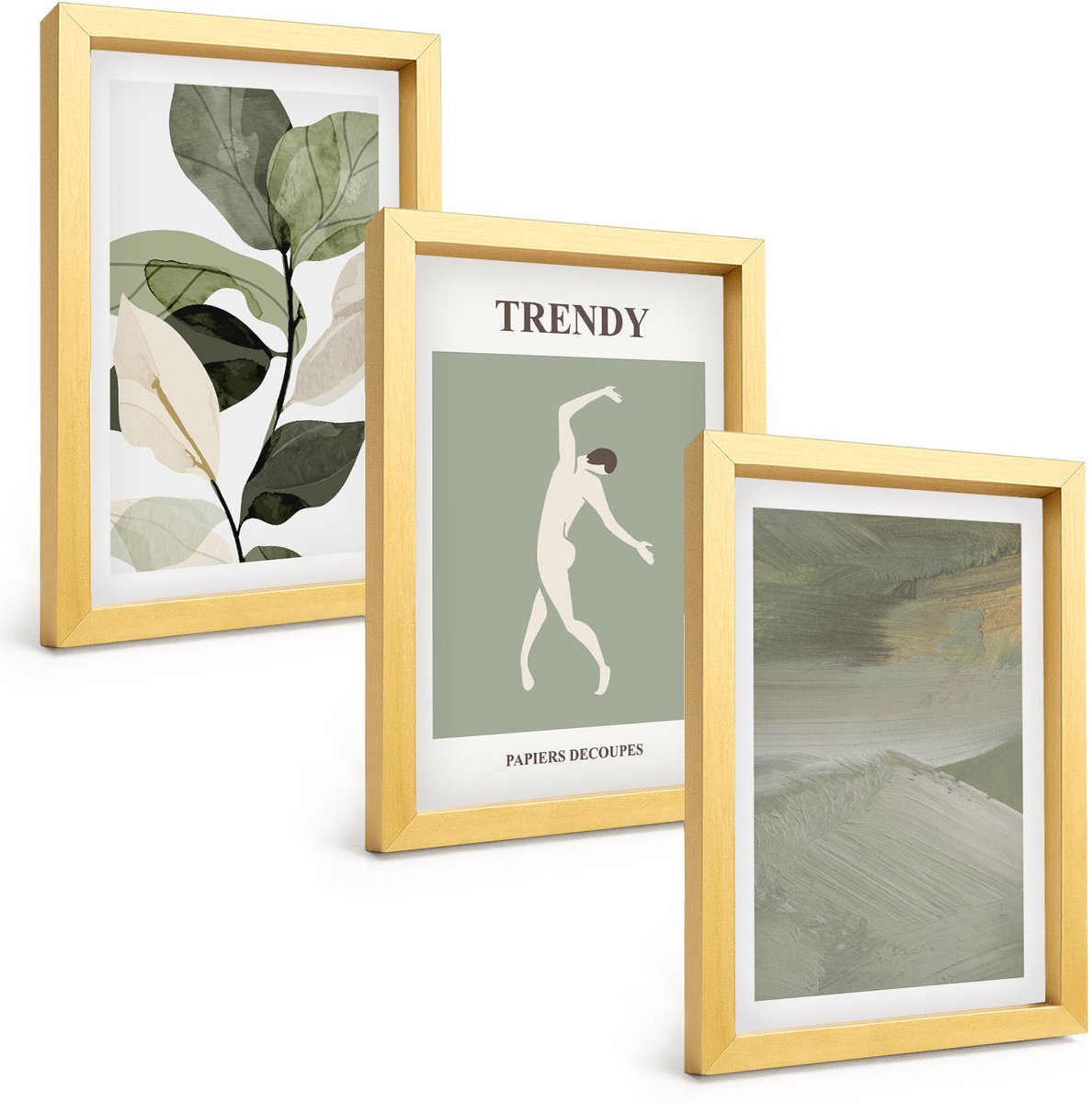 TULUP 4-Delige Schilderij Set - Plantenpatronen met silhouetten en abstracte vormen - 20 x 30 cm - Wanddecoratie - Moderne Interieurdecoratie - Interieur Decoratie Gouden lijst