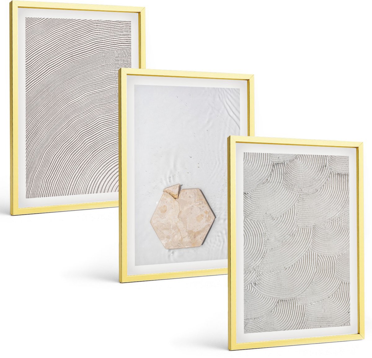 TULUP 4-Delige Schilderij Set - Lichte texturen op zand in boho-stijl, subtiel - 40 x 60 cm - Muurdecoratie - Interieur Decoratie - Wanddecoratie Gouden lijst