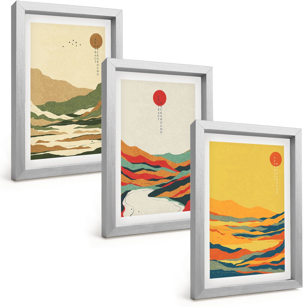 Tulup 4-Delige Schilderij Set - Kleurrijke patronen van bergen en rivieren in Japandi-stijl - 20 x 30 cm - Wanddecoratie - Muurdecoratie - Woonkamer - Interieur Decoratie