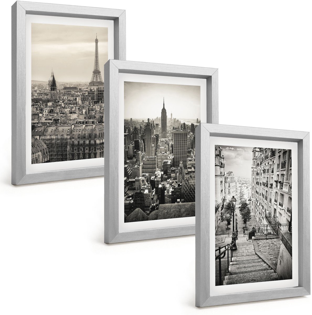 Tulup 4-Delige Schilderij Set - Stadsgezichten Parijs New York en charmante trappen - 20 x 30 cm - Decoratieve Muurdecoratie - Slaapkamer - Stijlvolle Muurdecoratie