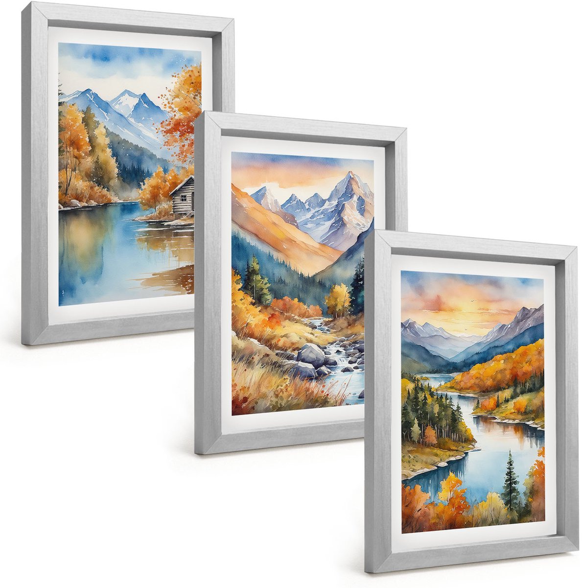 Tulup 4-Delige Schilderij Set - Berglandschap met een rivier en herfstbomen - 20 x 30 cm - Moderne Wanddecoratie - Woonkamer - Stijlvolle Muurdecoratie
