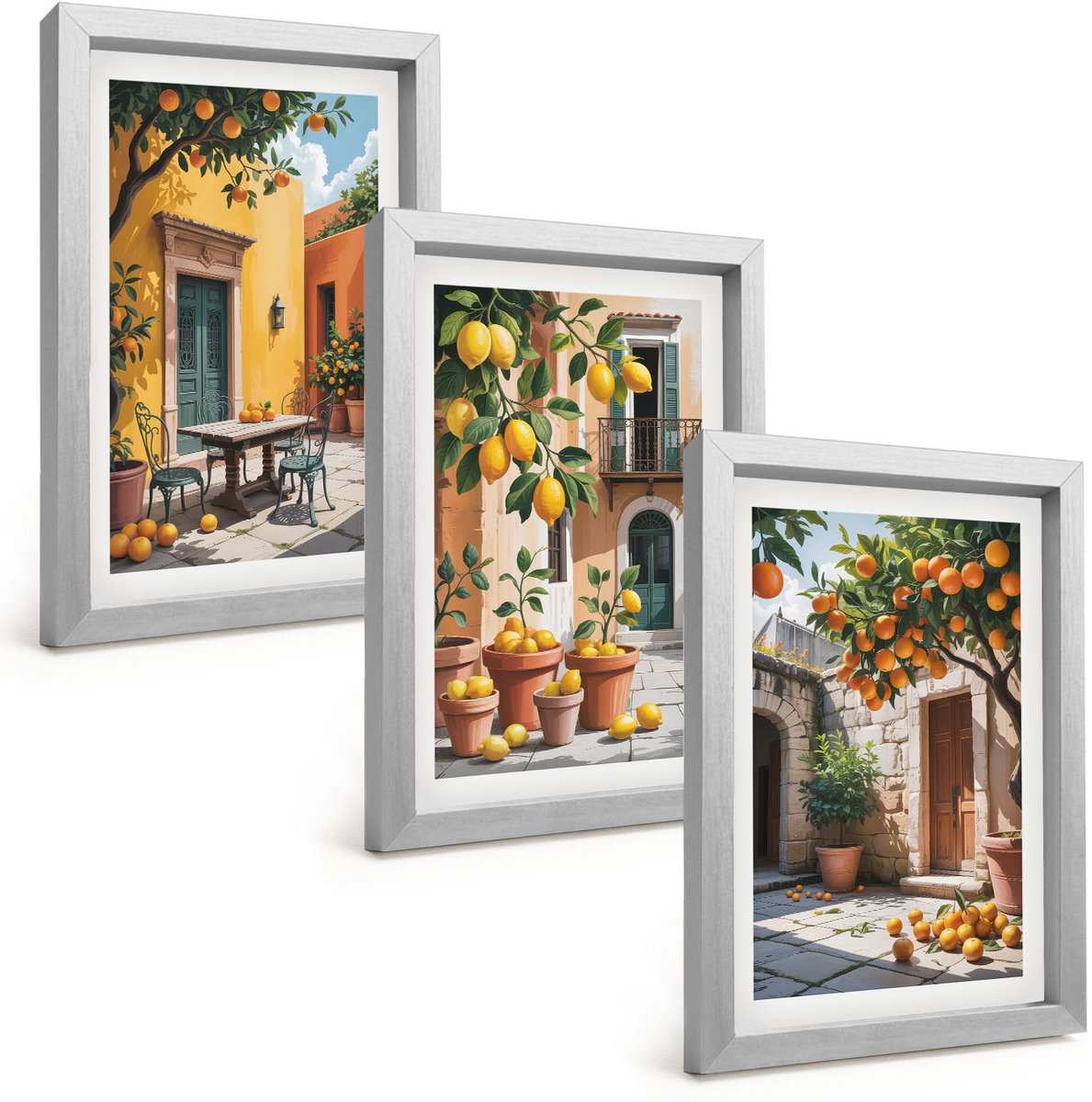 Tulup 4-Delige Schilderij Set - Citrusvruchten in een zonnige tuinscène - 20 x 30 cm - Stijlvolle Wanddecoratie - Interieur - Decoratieve Schilderijen
