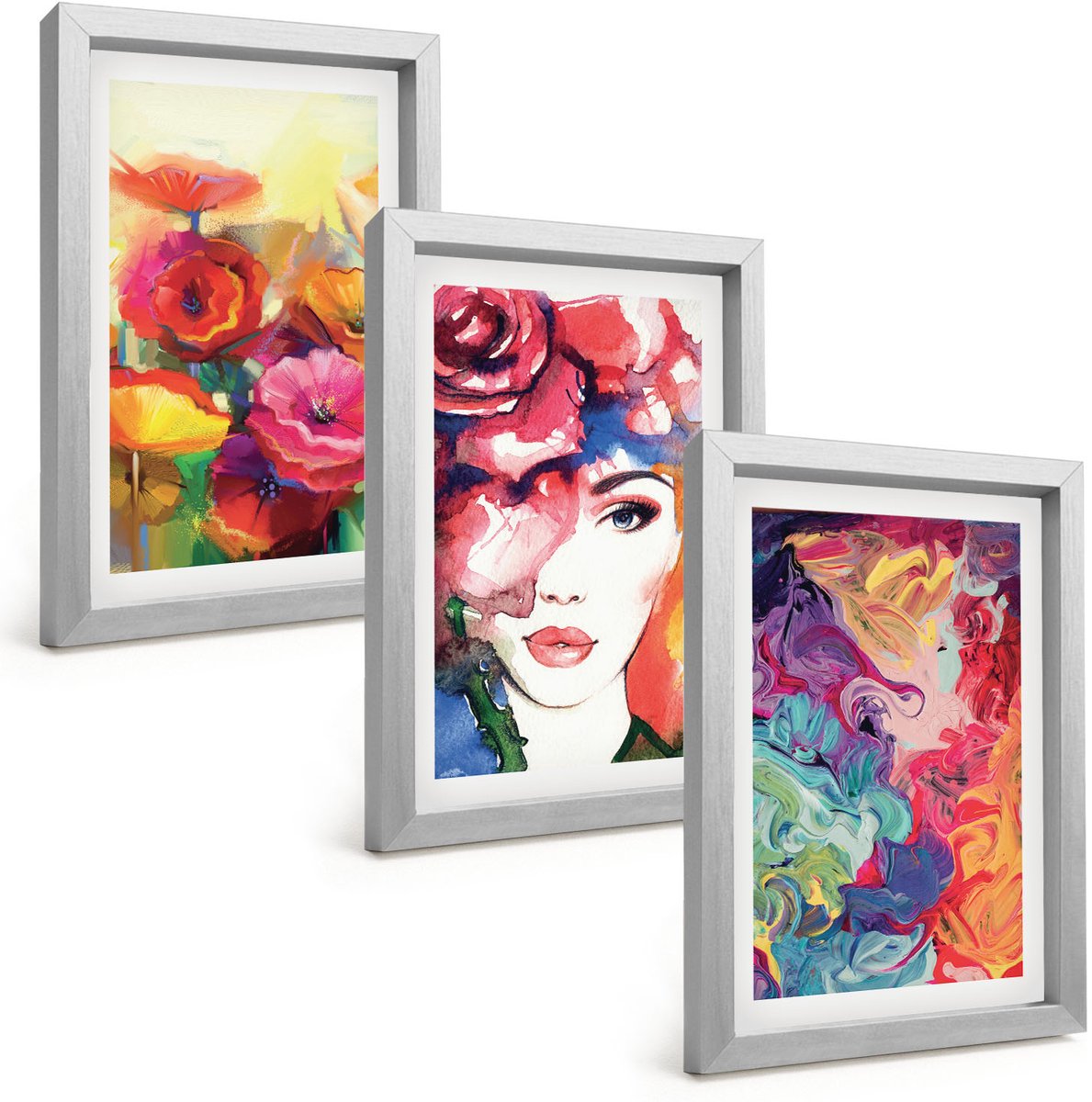 Tulup 4-Delige Schilderij Set - Bloemen in intense kleuren Portret van een vrouw Abstract - 20 x 30 cm - Stijlvolle Muurdecoratie - Slaapkamer - Interieur Decoratie