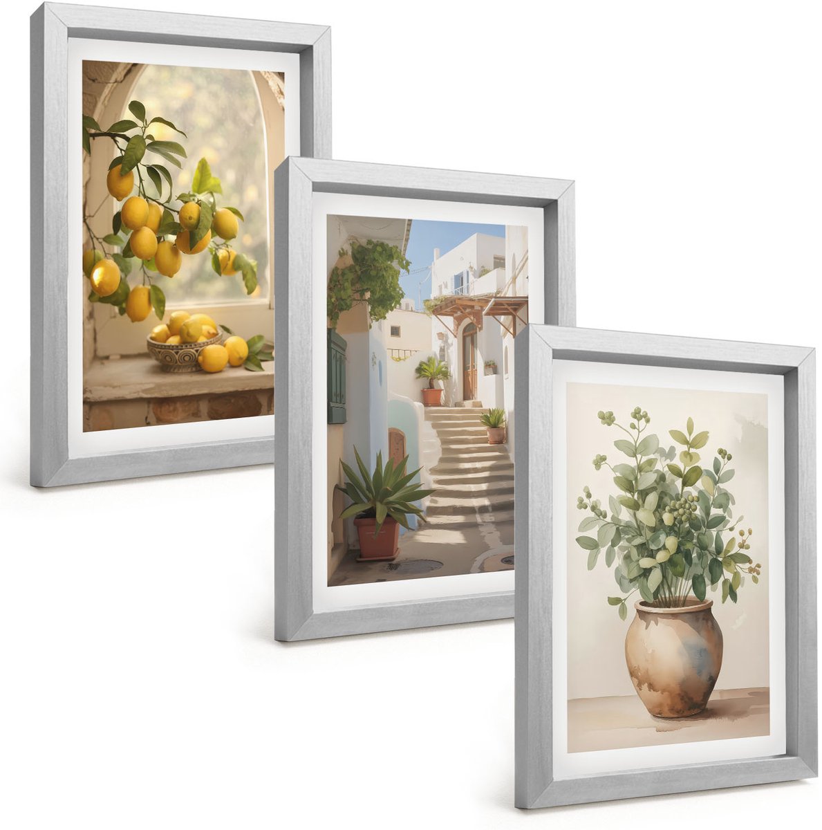 Tulup 4-Delige Schilderij Set - Citroenen in een vaas en planten in een witte architectuur - 20 x 30 cm - Stijlvolle Muurdecoratie - Slaapkamer
