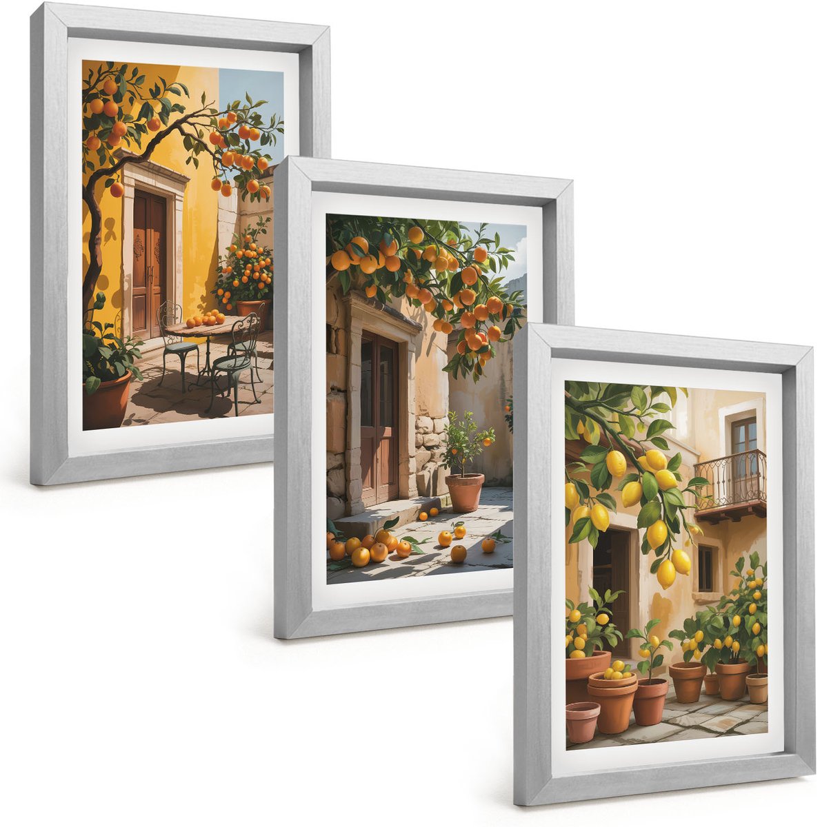 Tulup 4-Delige Schilderij Set - Citrusvruchten in een zonnige binnenplaats met planten - 20 x 30 cm - Wanddecoratie - Woonkamer Decoratie - Muurdecoratie