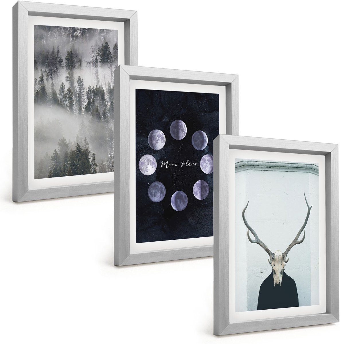Tulup 4-Delige Schilderij Set - Boslandschap in de mist Maanfasen Hertenschedel - 20 x 30 cm - Moderne Wanddecoratie - Woonkamer - Decoratieve Schilderijen
