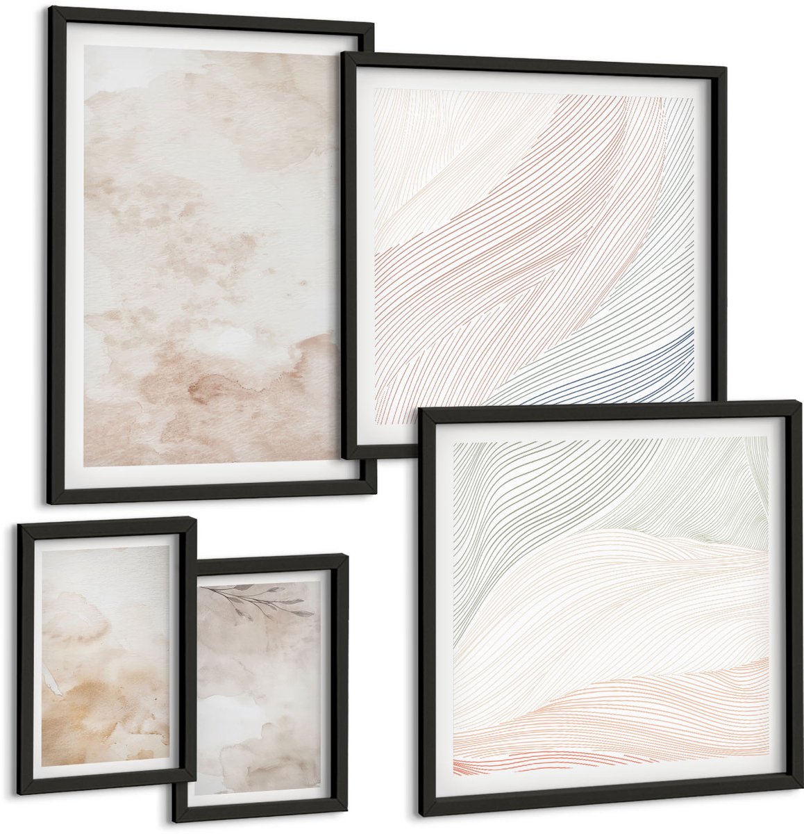 Tulup 4-Delige Schilderij Set - Aquarelvlekken en bladeren in pastelkleuren - 50 x 50 cm, 20 x 30 cm en 40 x 60 cm - Stijlvolle Wanddecoratie - Interieur - Muurdecoratie
