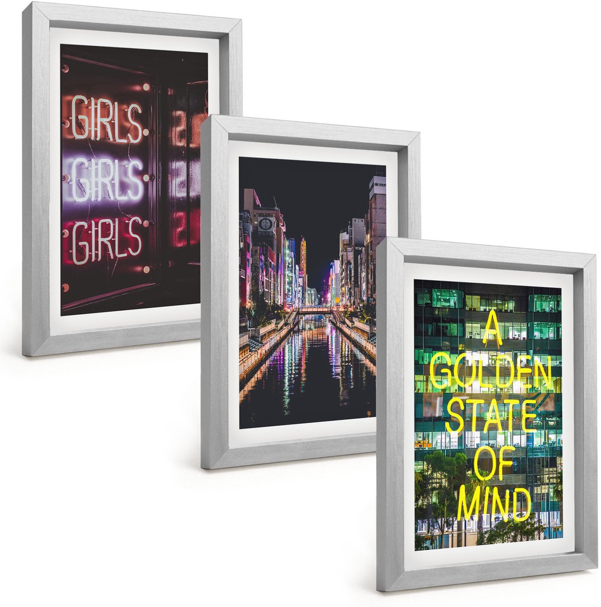 Tulup 4-Delige Schilderij Set - Neonreclames van de stad 's nachts met uitzicht op de rivier. - 20 x 30 cm - Wanddecoratie - Moderne Interieurdecoratie - Decoratieve Schilderijen