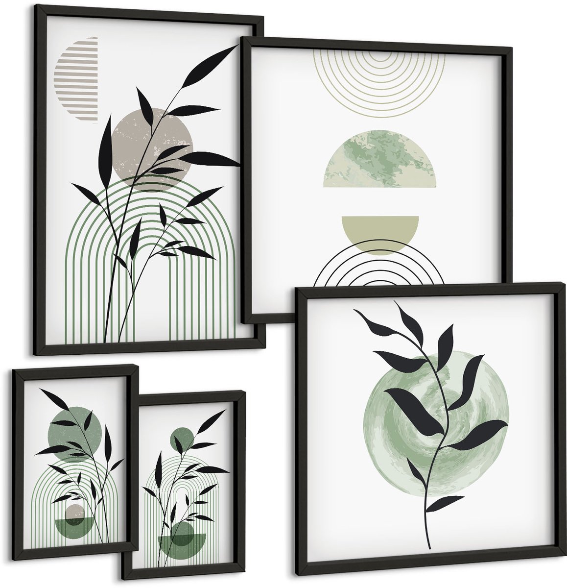Tulup 4-Delige Schilderij Set - Stijlvolle afbeeldingen met plantmotieven en geometrische vormen. - 50 x 50 cm, 20 x 30 cm en 40 x 60 cm - Muurdecoratie - Wanddecoratie - Slaapkamer - Woonkamer Decoratie