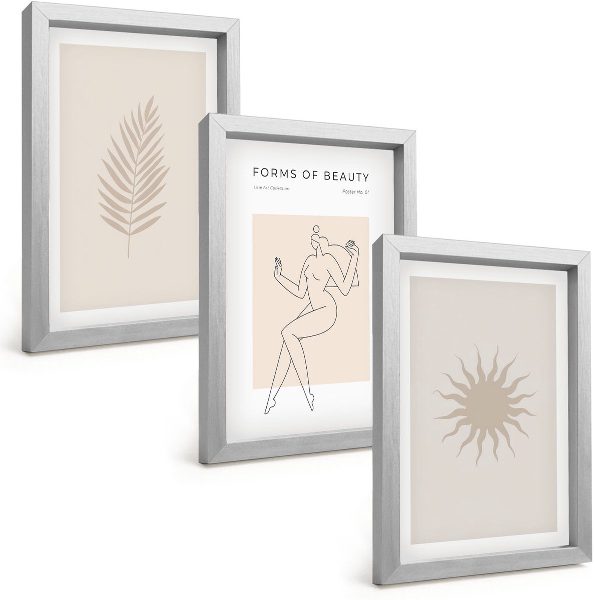 TULUP 4-Delige Schilderij Set - Een verzameling minimalistische vormen en natuurlijke figuren - 20 x 30 cm - Wanddecoratie - Muurdecoratie - Woonkamer - Interieur Decoratie Zilveren lijst