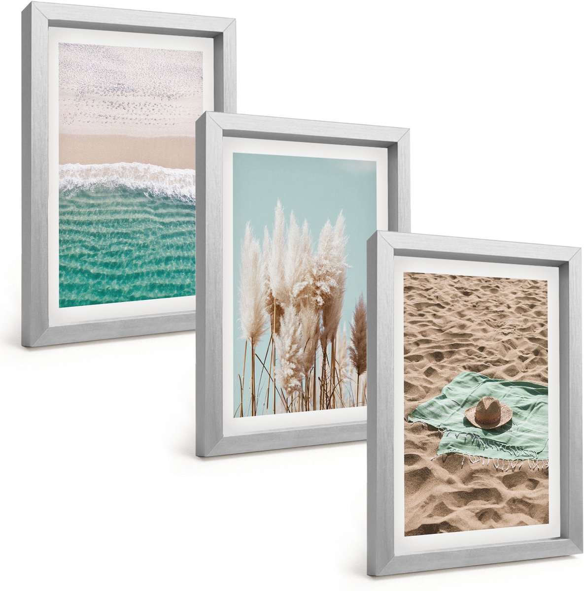 Tulup 4-Delige Schilderij Set - Strandgolven Gras Hoed Zand Ontspanning Natuur - 20 x 30 cm - Stijlvolle Muurdecoratie - Slaapkamer - Moderne Wanddecoratie