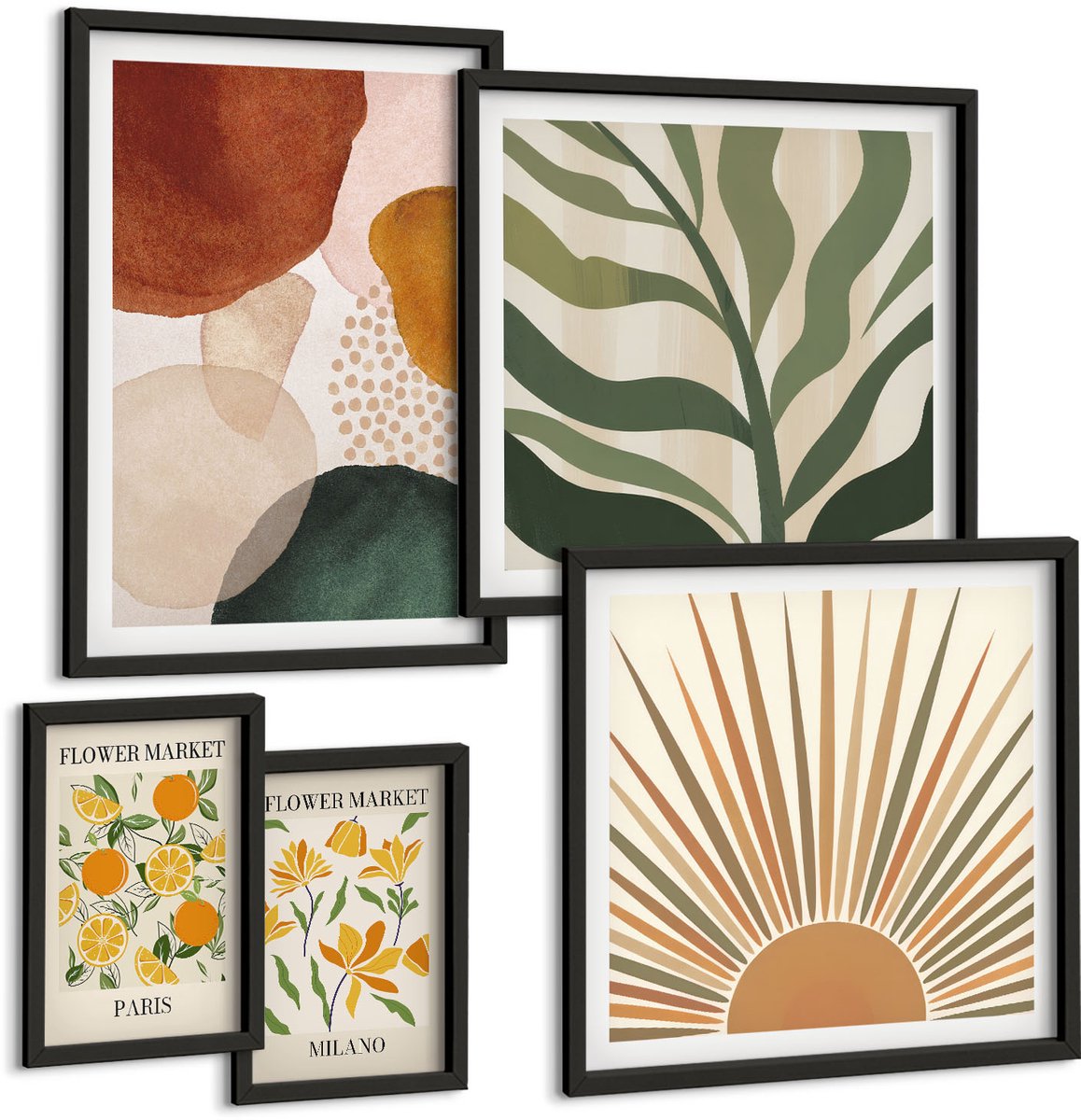 Tulup 4-Delige Schilderij Set - Stijlvolle afbeeldingen met plantaardige en geometrische motieven. - 50 x 50 cm, 20 x 30 cm en 40 x 60 cm - Wanddecoratie - Moderne Interieurdecoratie - Interieur Decoratie