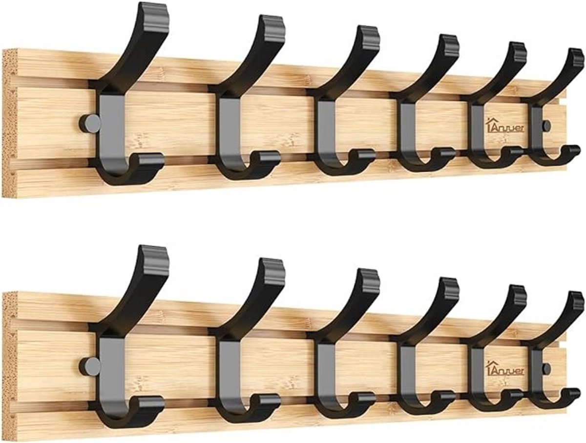 Bamboe Wandkapstok met 6 Haken - Set van 2