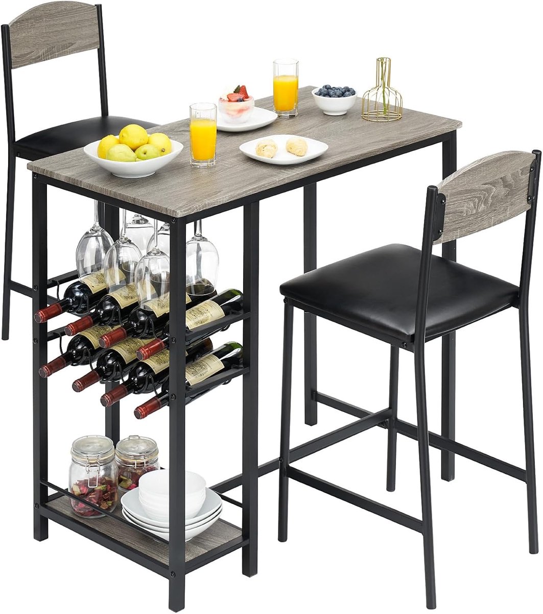 Ruimtebesparende bartafel‑eetset – Vierkante bartafel met opbergplank en wijnrek, voetsteun – 2 beklede stoelen, eenvoudige montage
