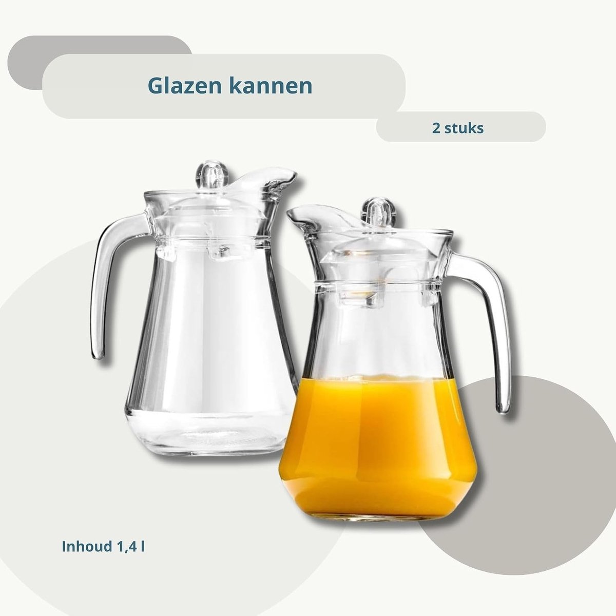 Waterjug - Glas - 1,2 Liter - Met Kunststof Deksel en Handvat - Voor Water en Dranken Serveren