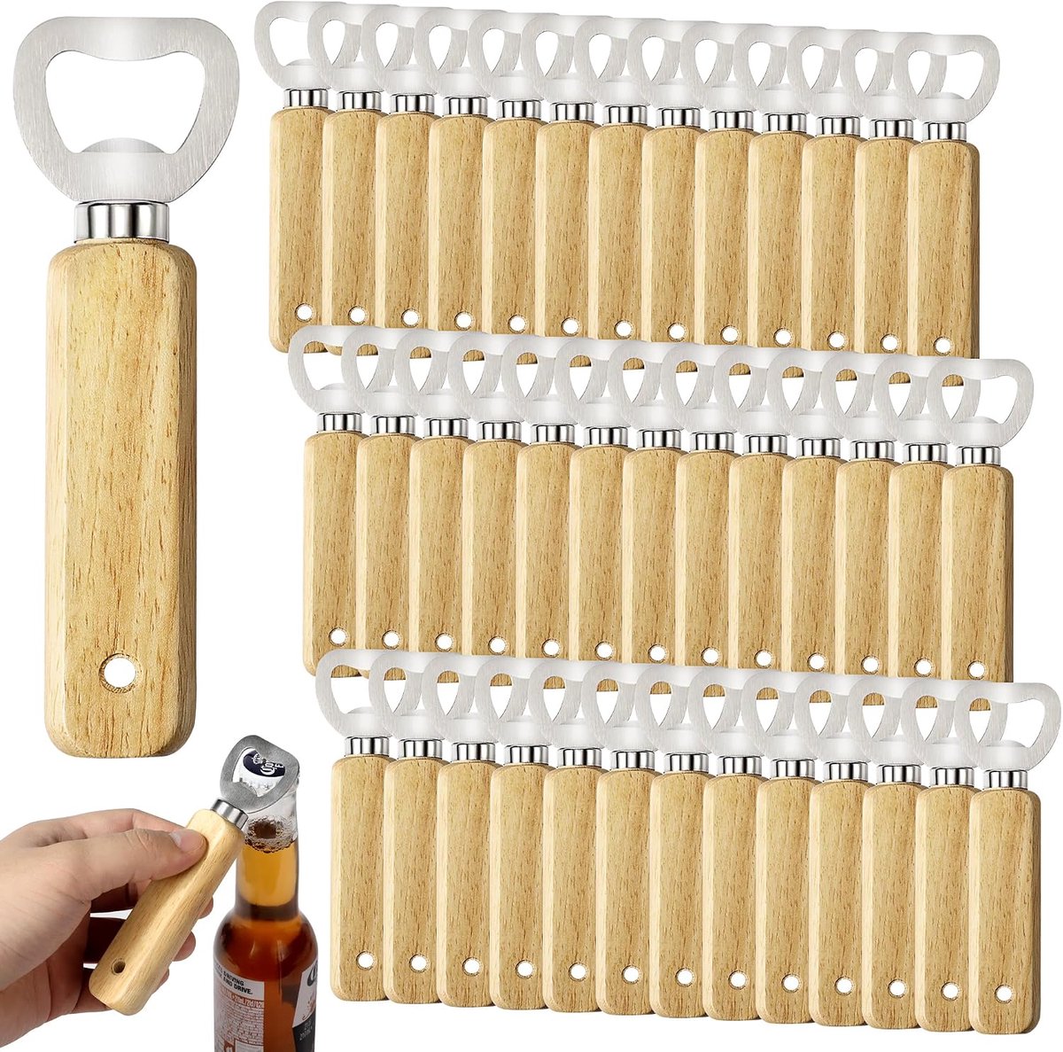 Engravable Wooden Bottle Openers, 40pcs Manual Beer Openers with Stainless Steel Heads and Hanging Hole - ShopVlot