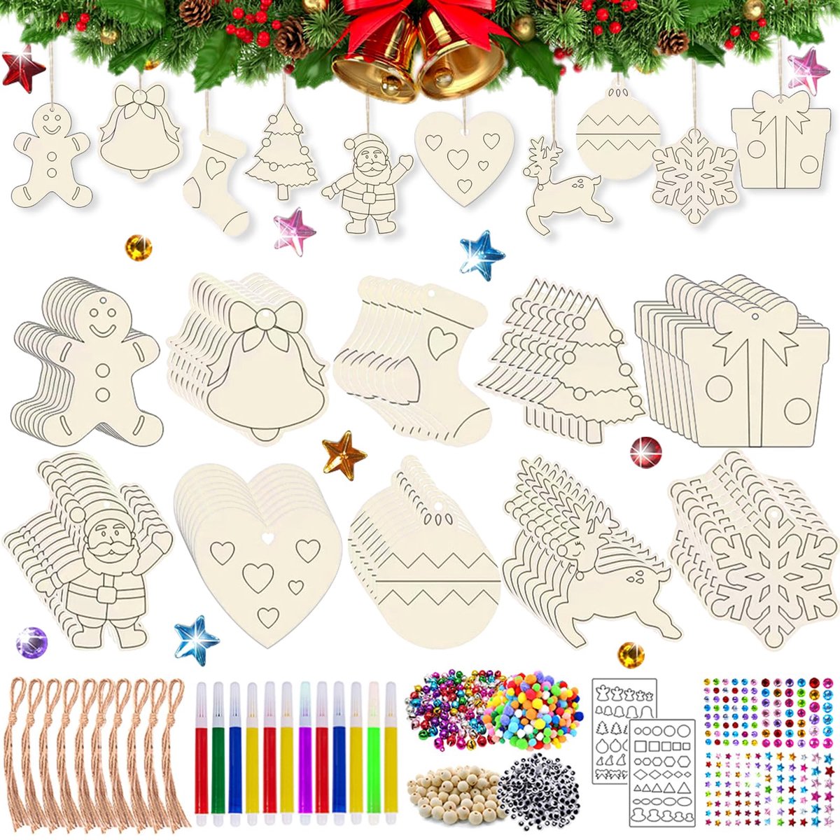Famanu – Set van 224 houten decoraties voor kerstversiering, ideaal voor het decoreren van kerstbomen en andere feestelijke decoraties