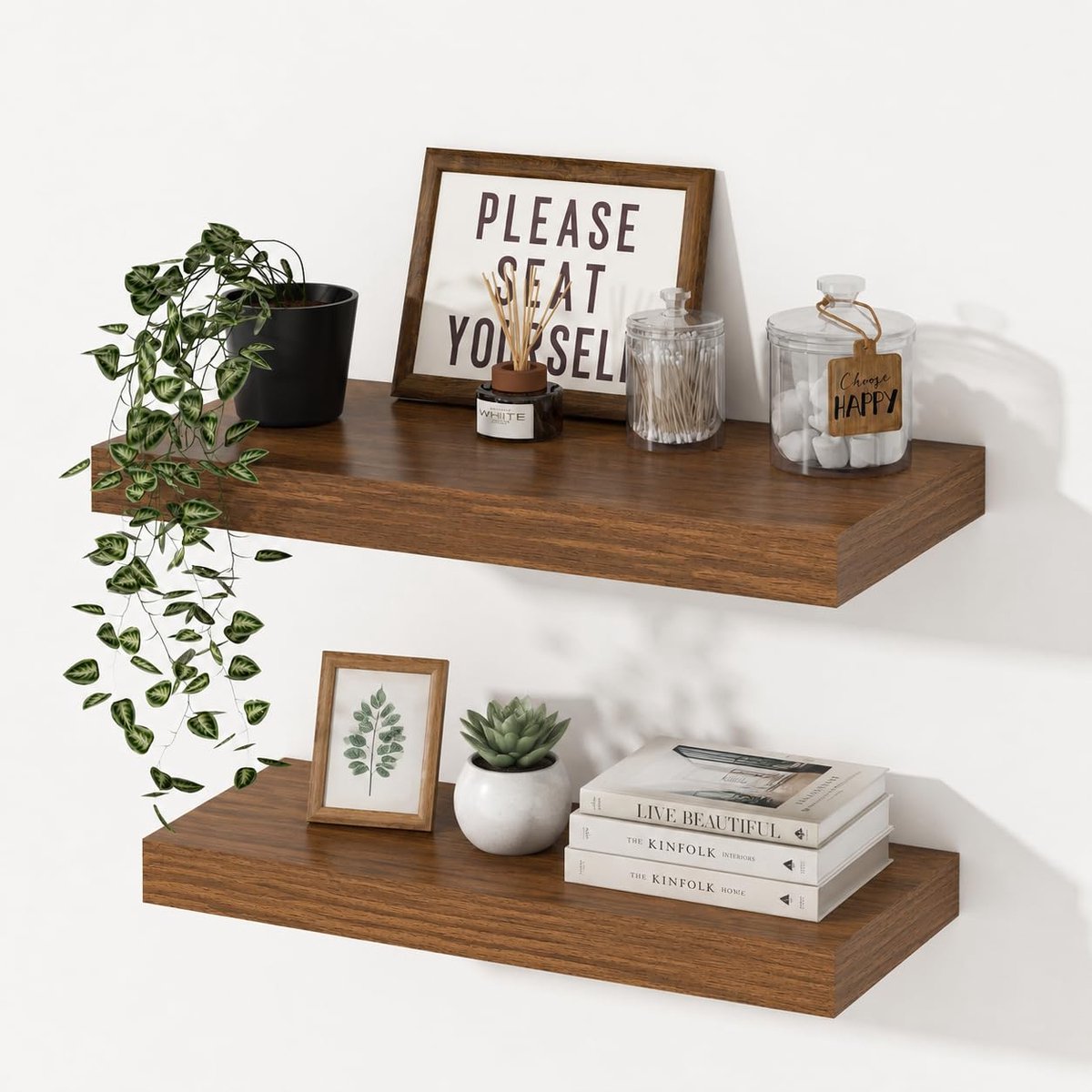 Famanu – Diepe zwevende planken voor muur, set van 2, 40 cm walnoot wandplanken, extra brede opbergplanken voor keuken, badkamer en woonkamer