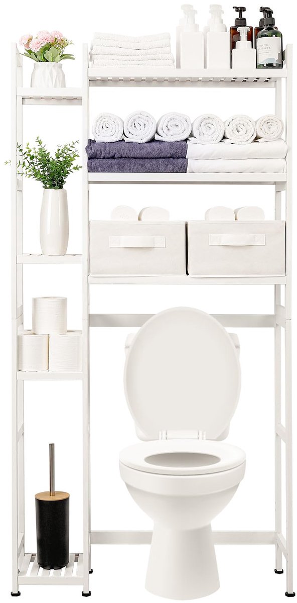 Famanu – Bamboe toiletrek voor de badkamer, 3 verdiepingen met 2 manden in wit