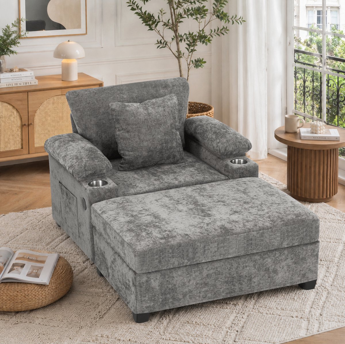 DESMIU Chaise Longue - 1-Zits - Met Bekerhouder En USB-Oplaadfunctie - Voor Woonkamer En Kantoor - Chenille - Grijs