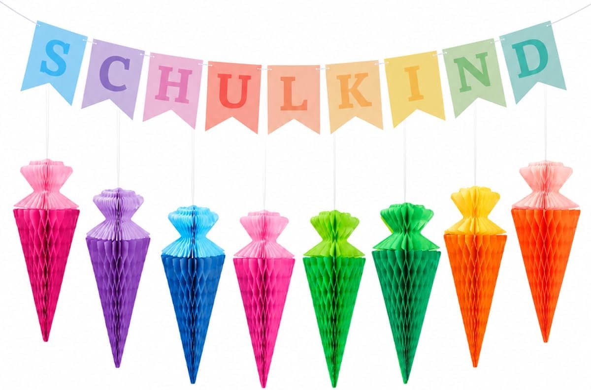 Set voor de eerste schooldag, 8 papieren kegels van 20 cm en gepersonaliseerde banner, kleurrijke decoraties van - ShopVlot